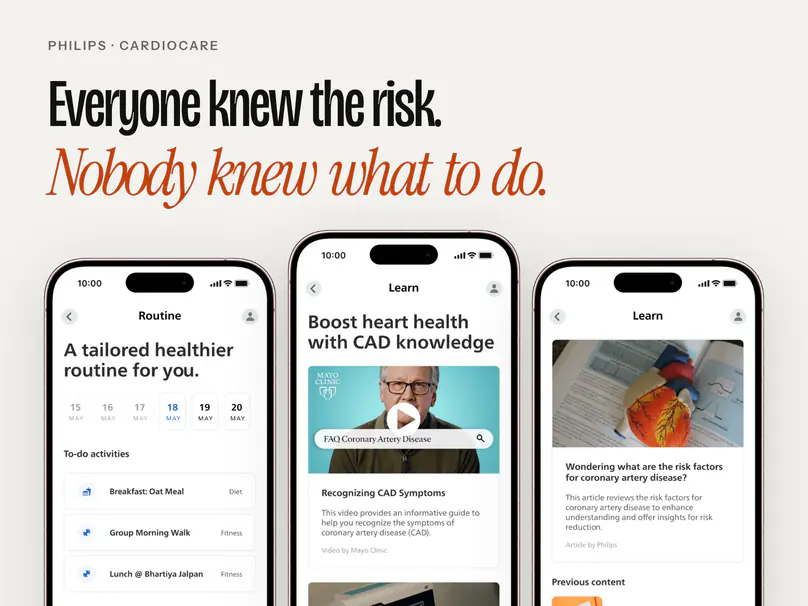 Everyone knew the risk. Nobody knew what to do. Three Cardiocare phone screens: a daily routine, a lesson and articles.