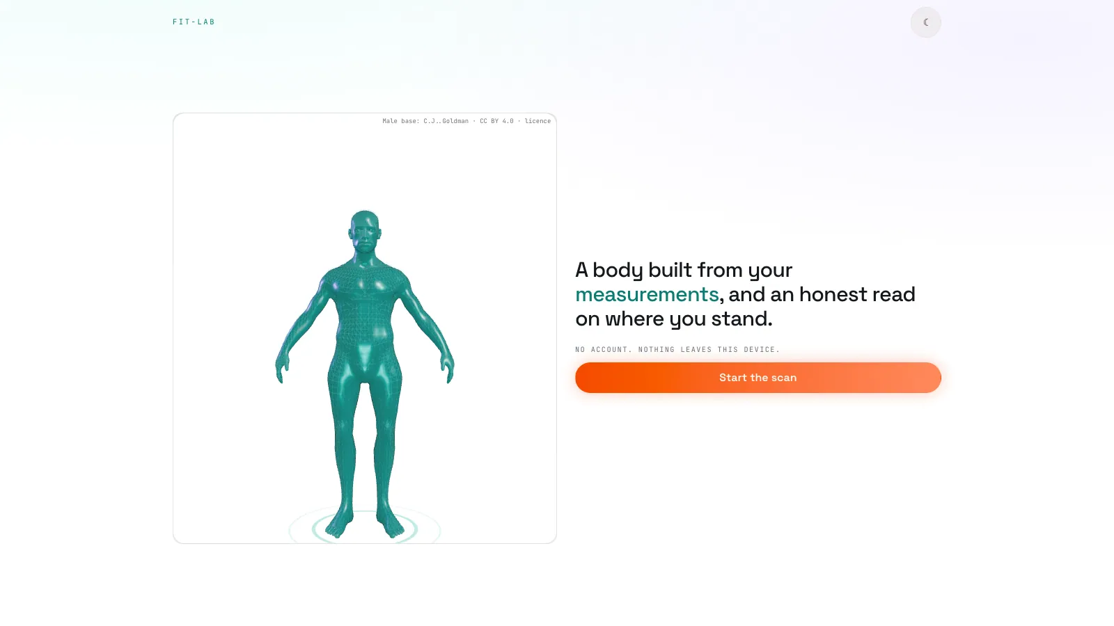 The fit-lab introduction showing a measured 3D body, the statement that the assessment uses the user's measurements, and a Start the scan action.