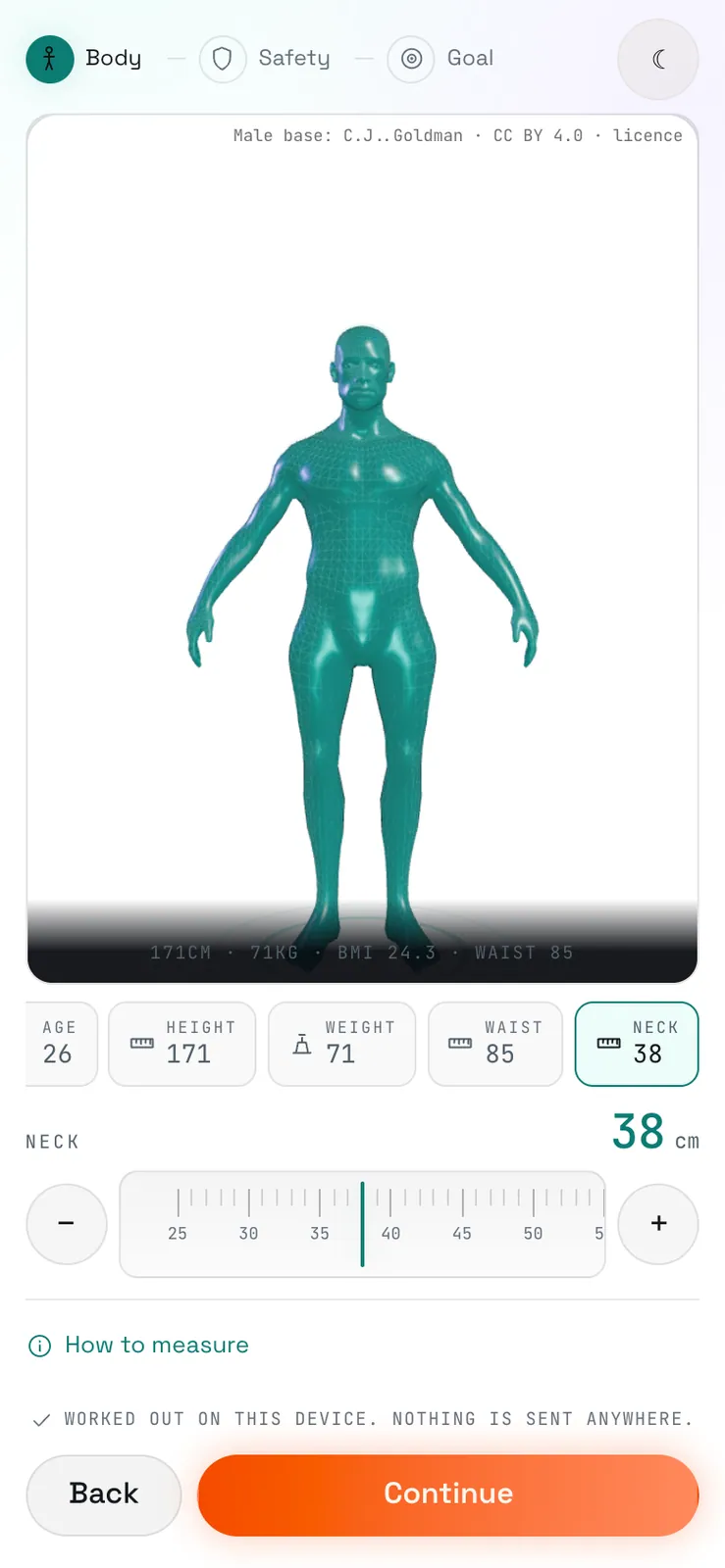 Mobile fit-lab body assessment at 390 pixels wide with the 3D body, entered measurements, neck control, measurement help and Continue action.