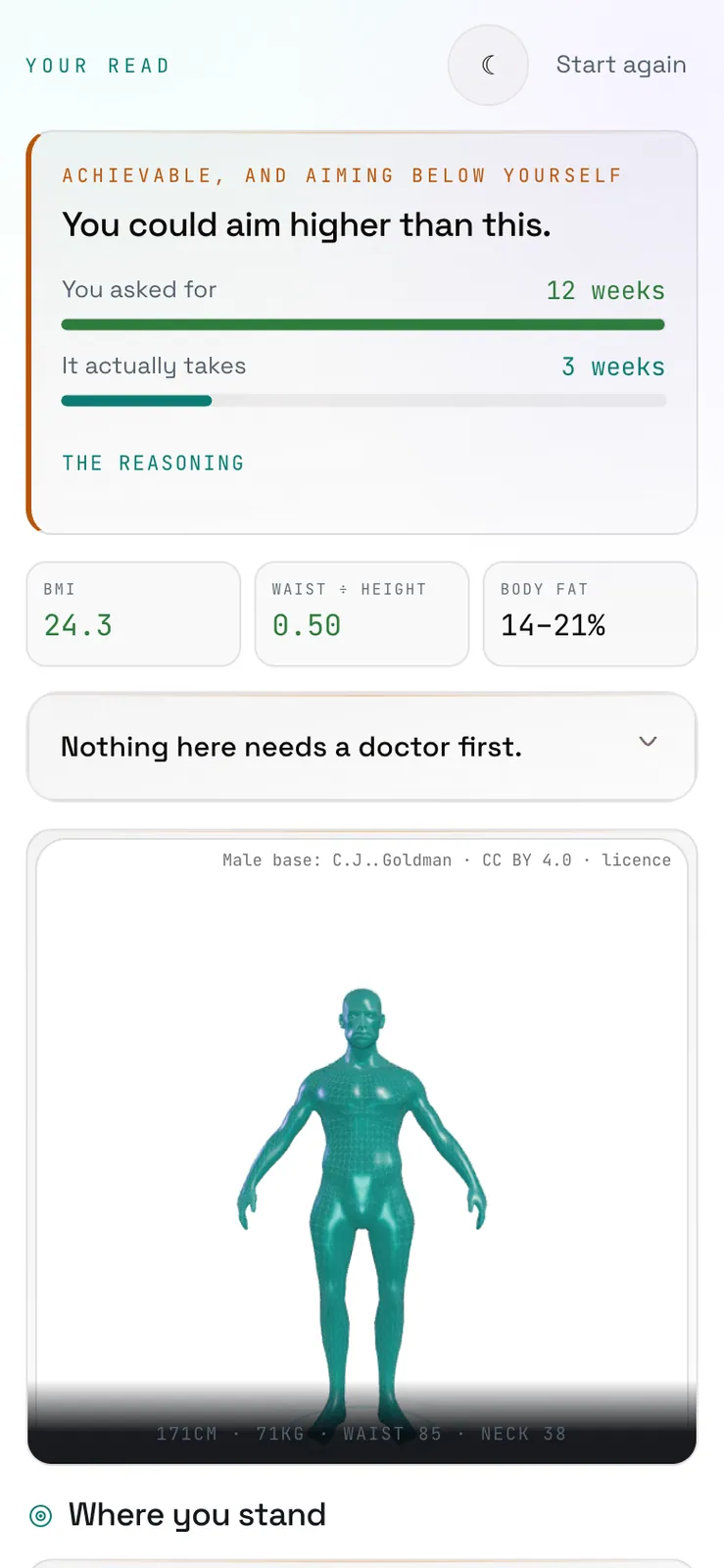Mobile fit-lab result at 390 pixels wide showing the goal verdict, timeline comparison, body metrics, safety status and measured body in a single reading flow.