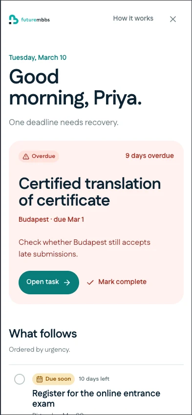 FutureMBBS deadline overview showing Priya's overdue Budapest translation