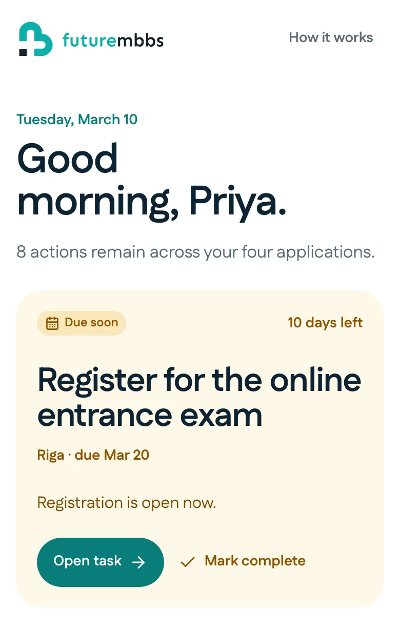 The prototype after Budapest is marked complete: Riga’s online entrance exam registration, due March 20, is now the first action