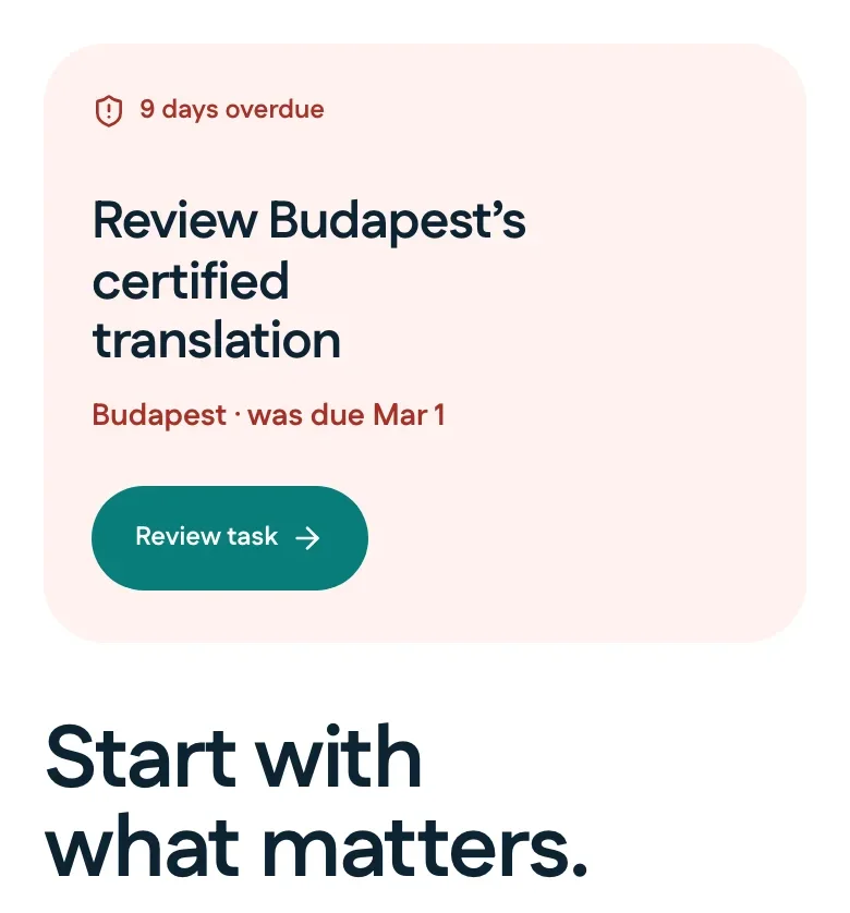 Onboarding screen three: the overdue Budapest translation as the next action, titled Start with what matters.