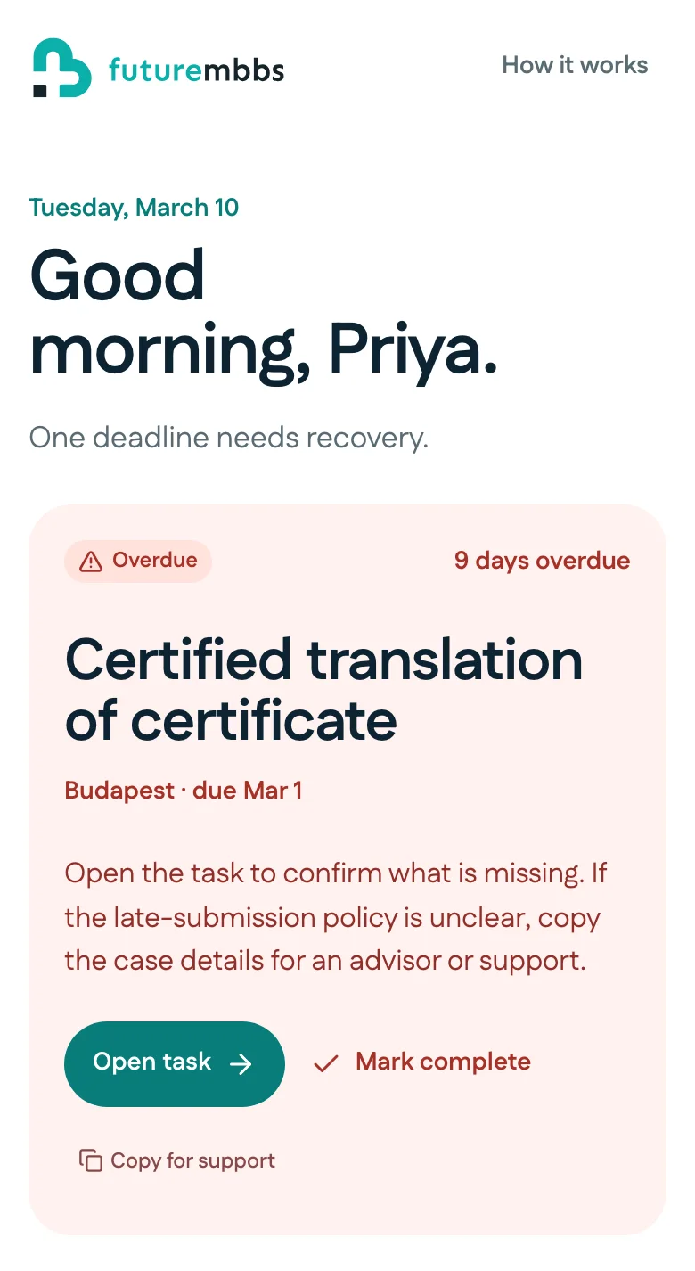 The prototype’s first screen: Good morning, Priya, then the overdue certified translation for Budapest with Open task, Mark complete, and Copy for support