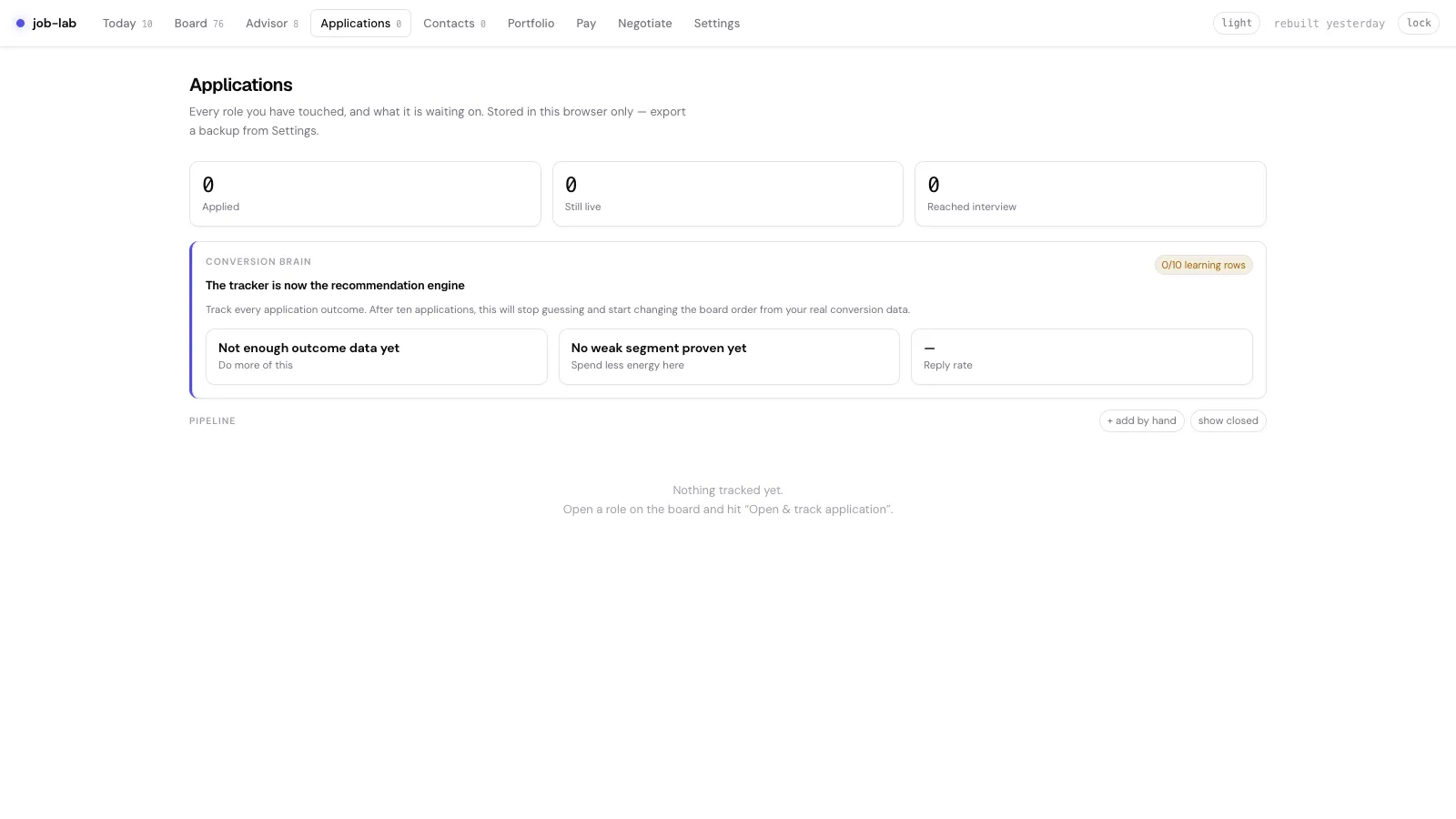 job-lab Applications view showing tracked applications and pipeline state.