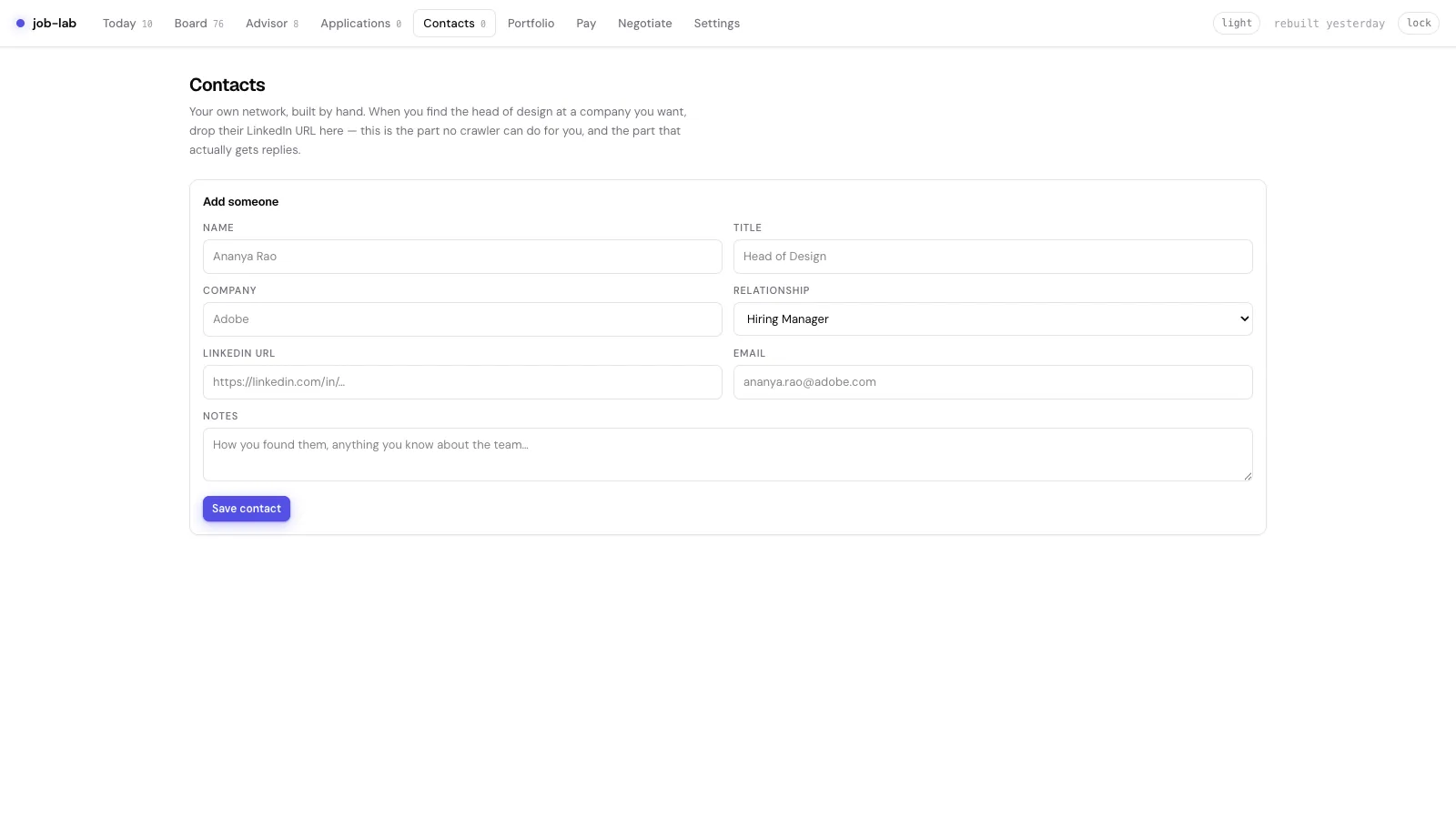 job-lab Contacts view showing a lightweight contact tracker for hiring-team and referral conversations.