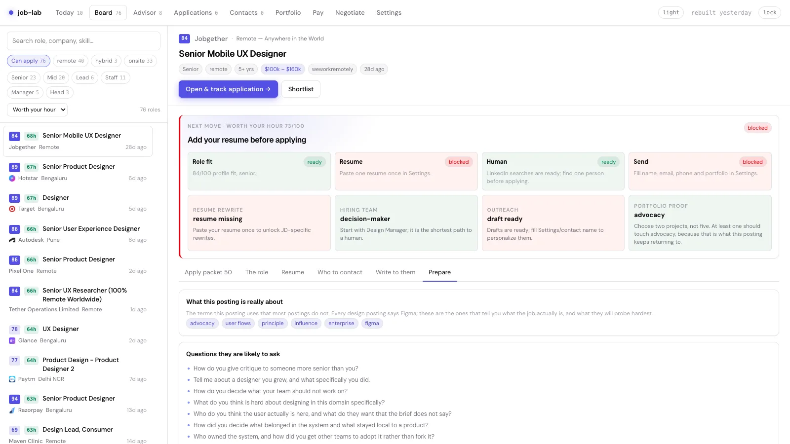job-lab Prepare tab showing interview prep and a story bank for the selected role.
