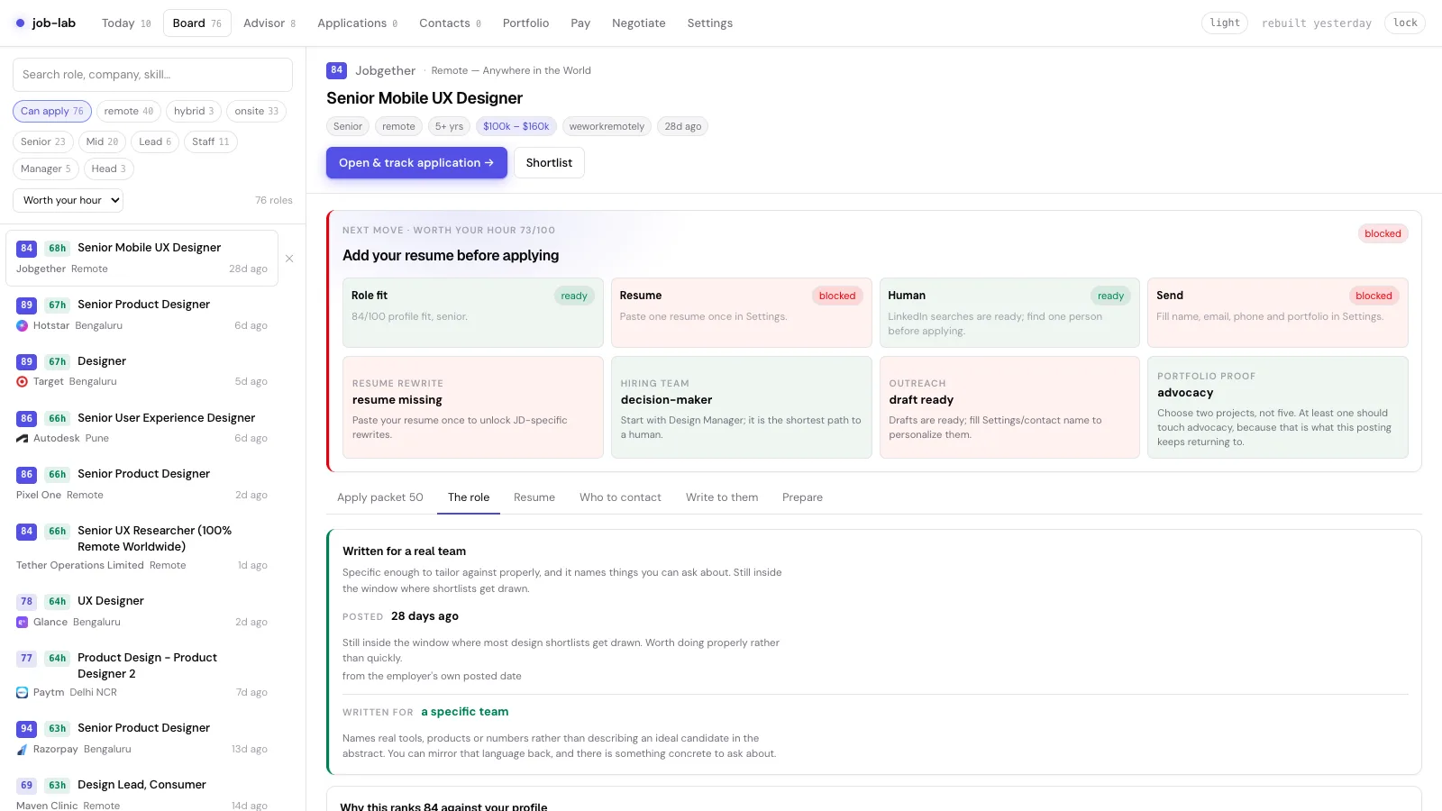 job-lab job detail showing a selected senior mobile UX designer role, score chips, application actions and readiness modules.