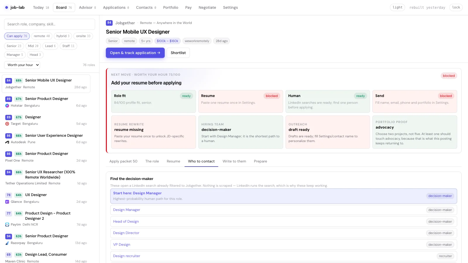 job-lab Who to contact tab showing the LinkedIn referral bridge and hiring-team guidance.