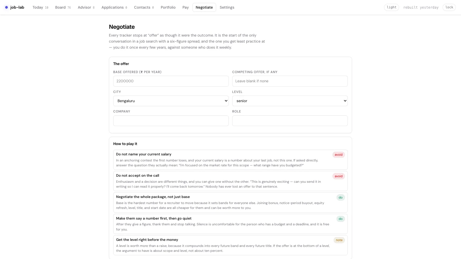job-lab Negotiate view with offer strategy and negotiation prompts.