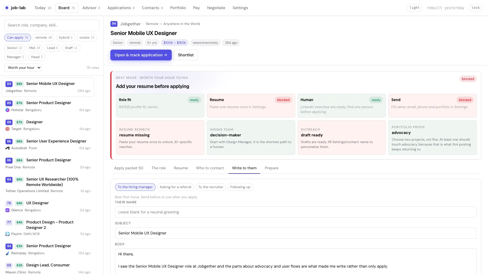 job-lab Write to them tab showing a role-specific outreach draft and application context.