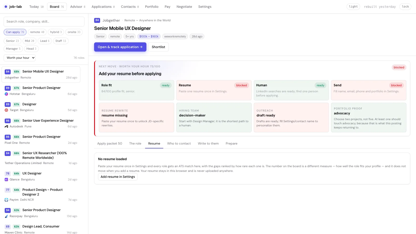 job-lab Resume tab showing a no-resume-loaded state and an explanation that resume text stays in the browser.