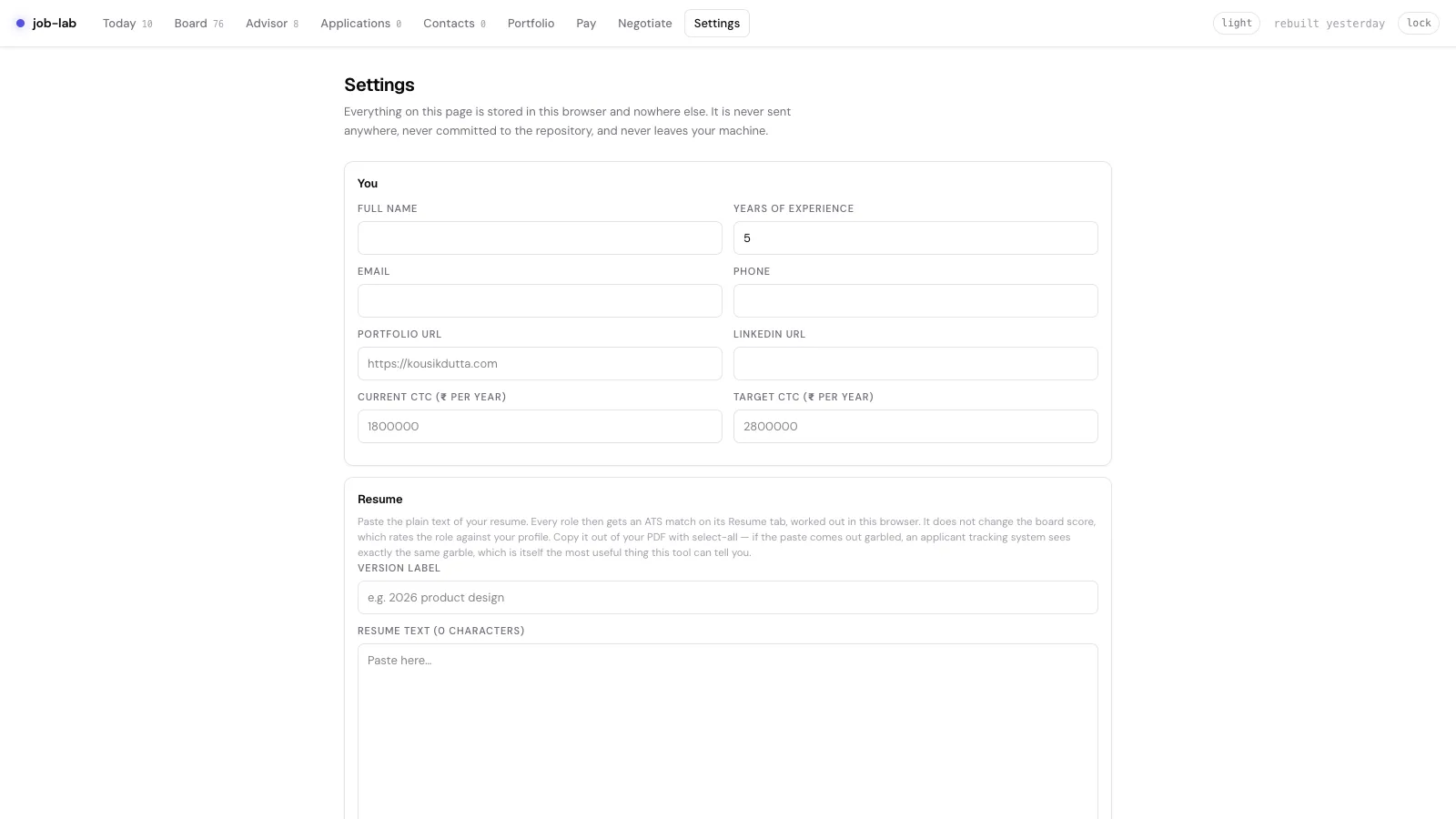 job-lab Settings view with local profile fields used for resume matching, autofill and outreach drafts.