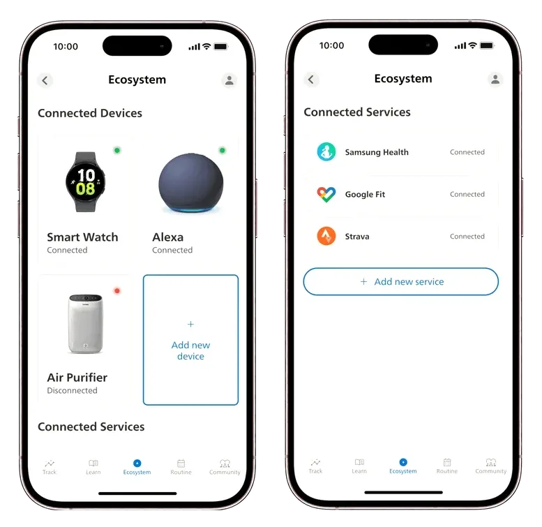 Two Ecosystem screens: connected devices such as a smart watch, Alexa, and an air purifier, then connected services such as Samsung Health, Google Fit, and Strava