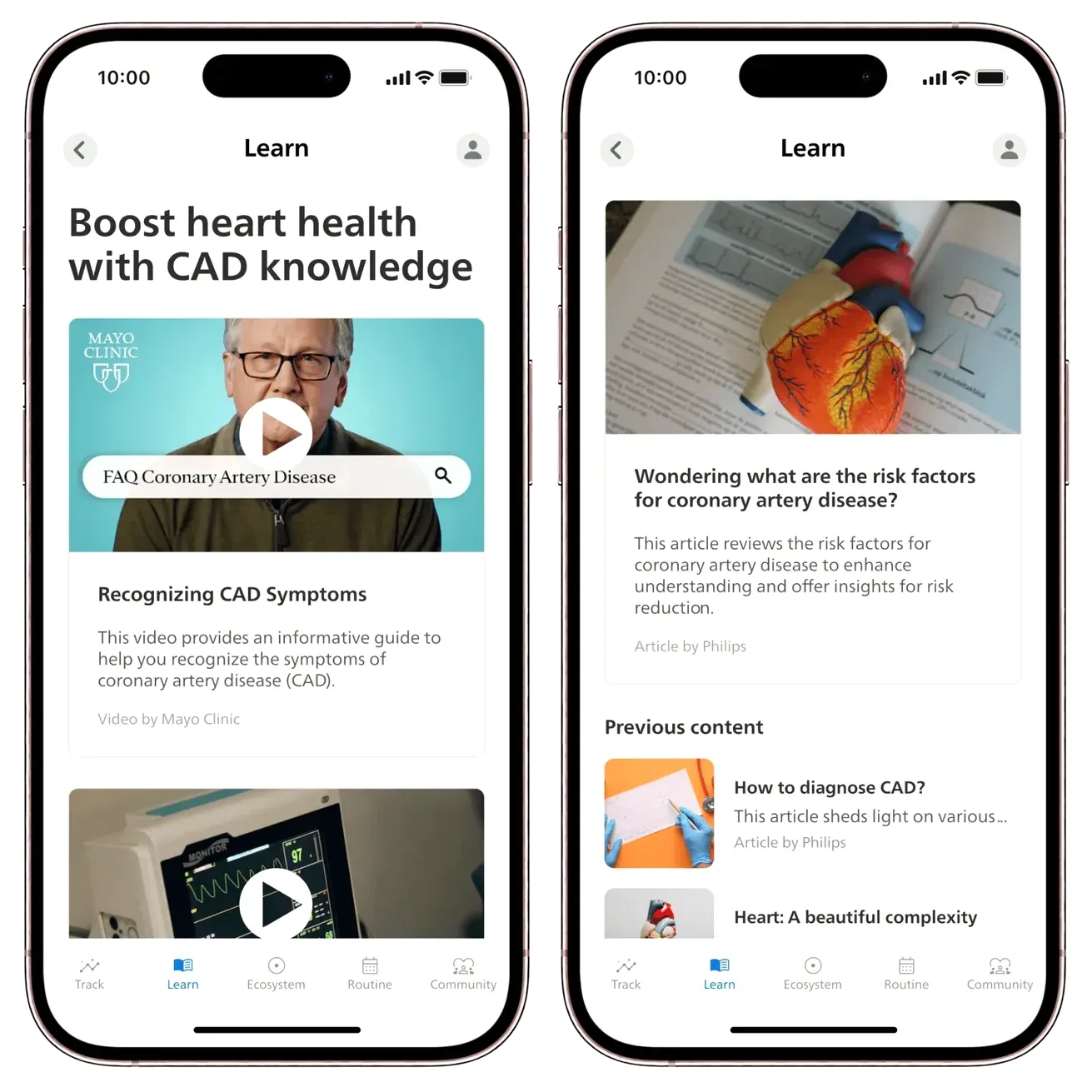 Two Learn screens: a Mayo Clinic video explaining coronary artery disease, and a list of articles on risk factors