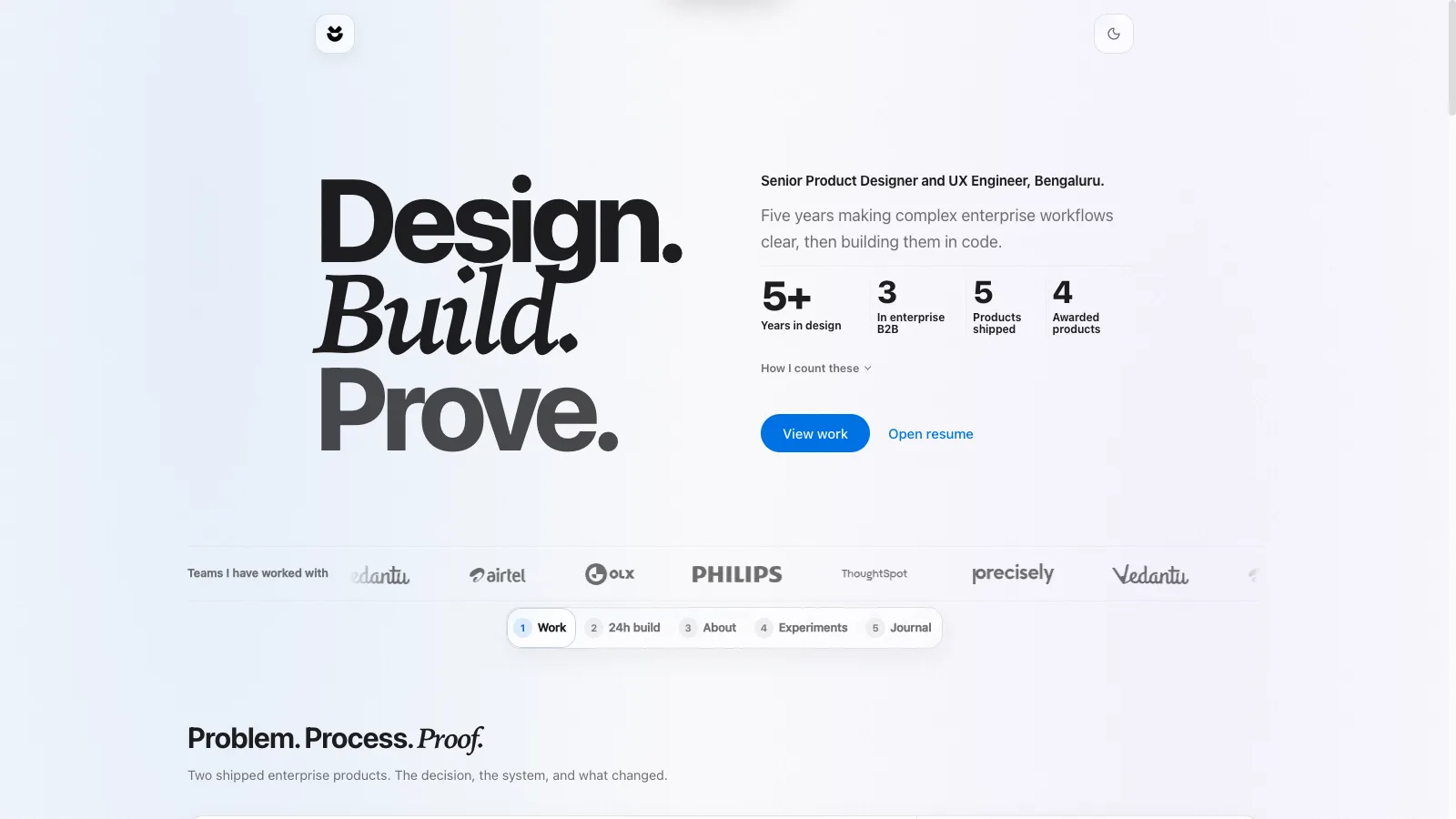 Current portfolio homepage with the headline Design, build, prove and two flagship product case studies.