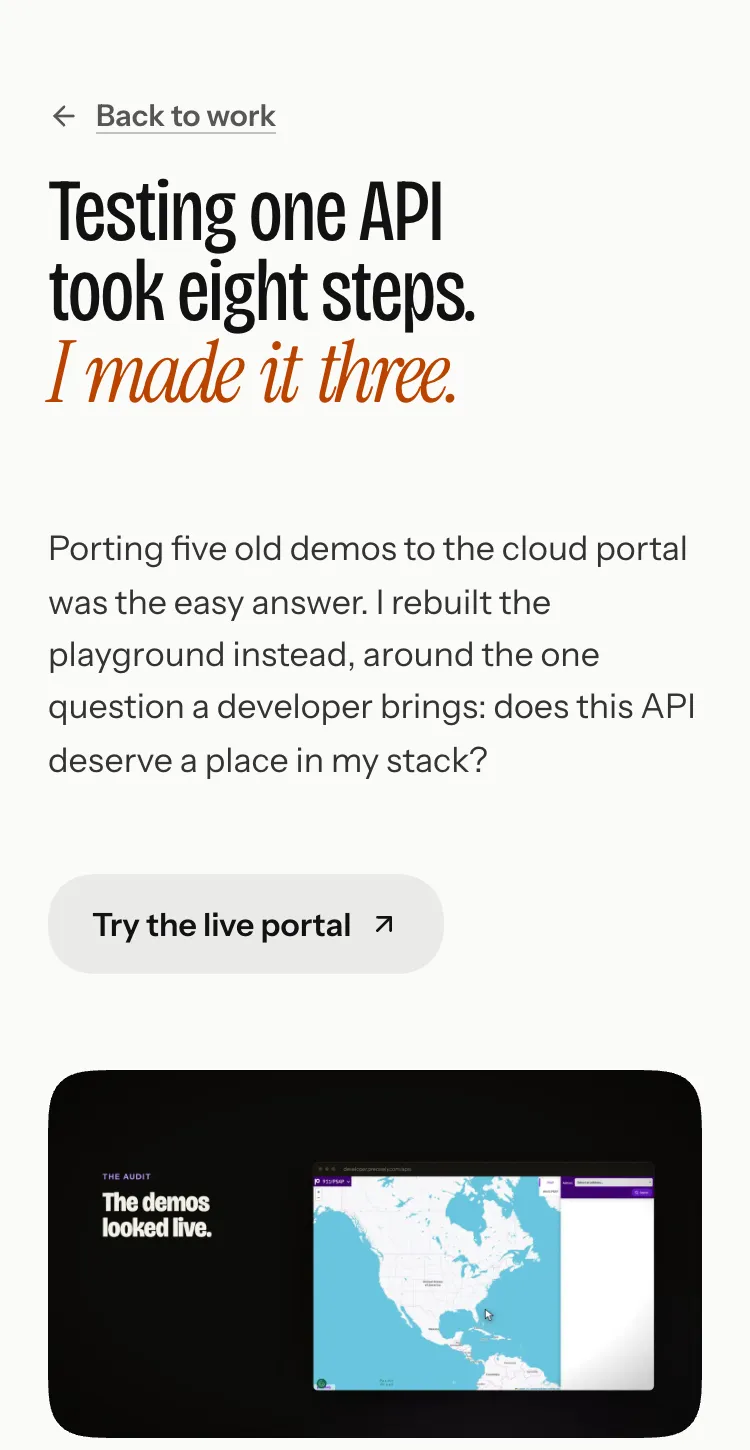 The live Precisely case study on a phone: the title naming the outcome, one paragraph, a grey button to the live portal, then the case film