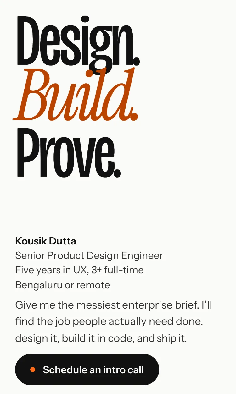 The live homepage on a phone: Design. Build. Prove. set large, then my name, the role, years in UX, where I work and the button to schedule an intro call