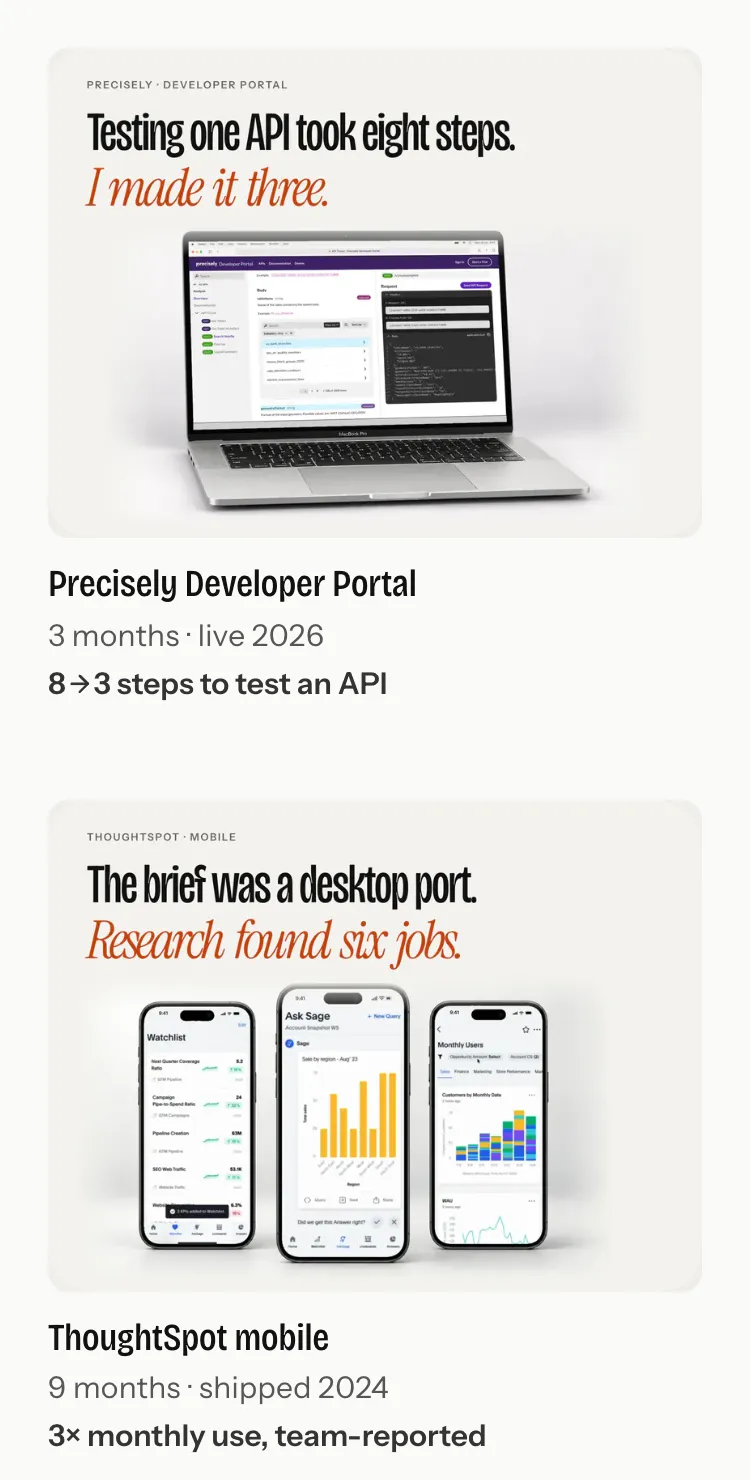 The live homepage work section on a phone: no heading, straight into the Precisely Developer Portal card with its outcome, eight to three steps to test an API, then the ThoughtSpot mobile card