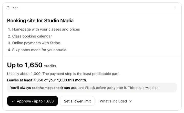The first prototype’s plan card in a light theme, guessed from old screenshots, quoting up to 1,650 credits