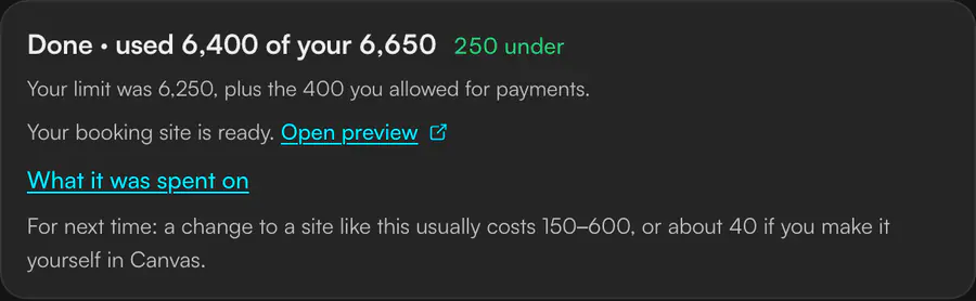 The rebuilt receipt in Runable’s dark theme: done, used 6,400 of your 6,650, 250 under, noting the limit was 6,250 plus the 400 allowed for payments