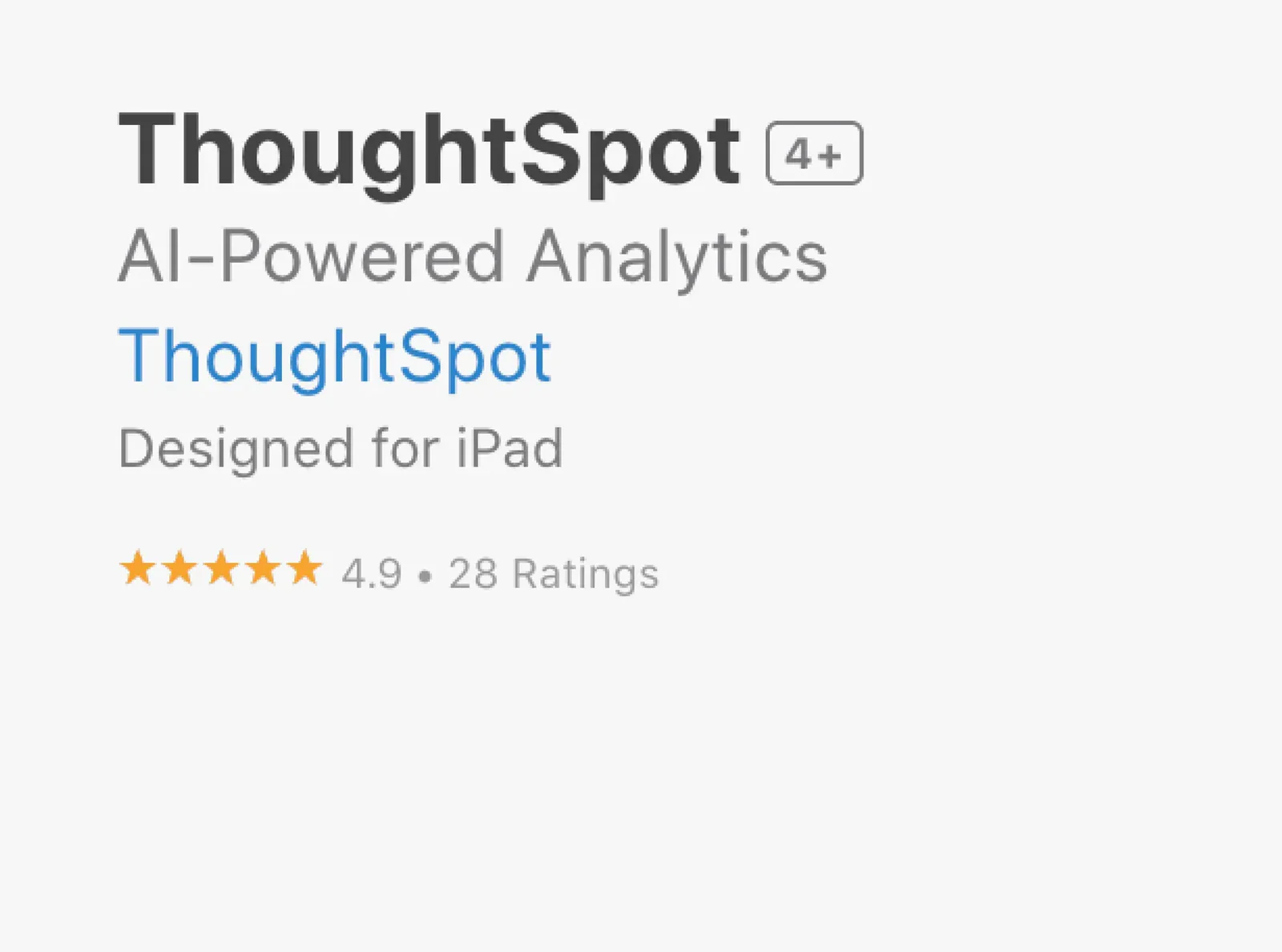 After: App Store listing for ThoughtSpot AI-Powered Analytics, showing 4.9 stars from 28 ratings
