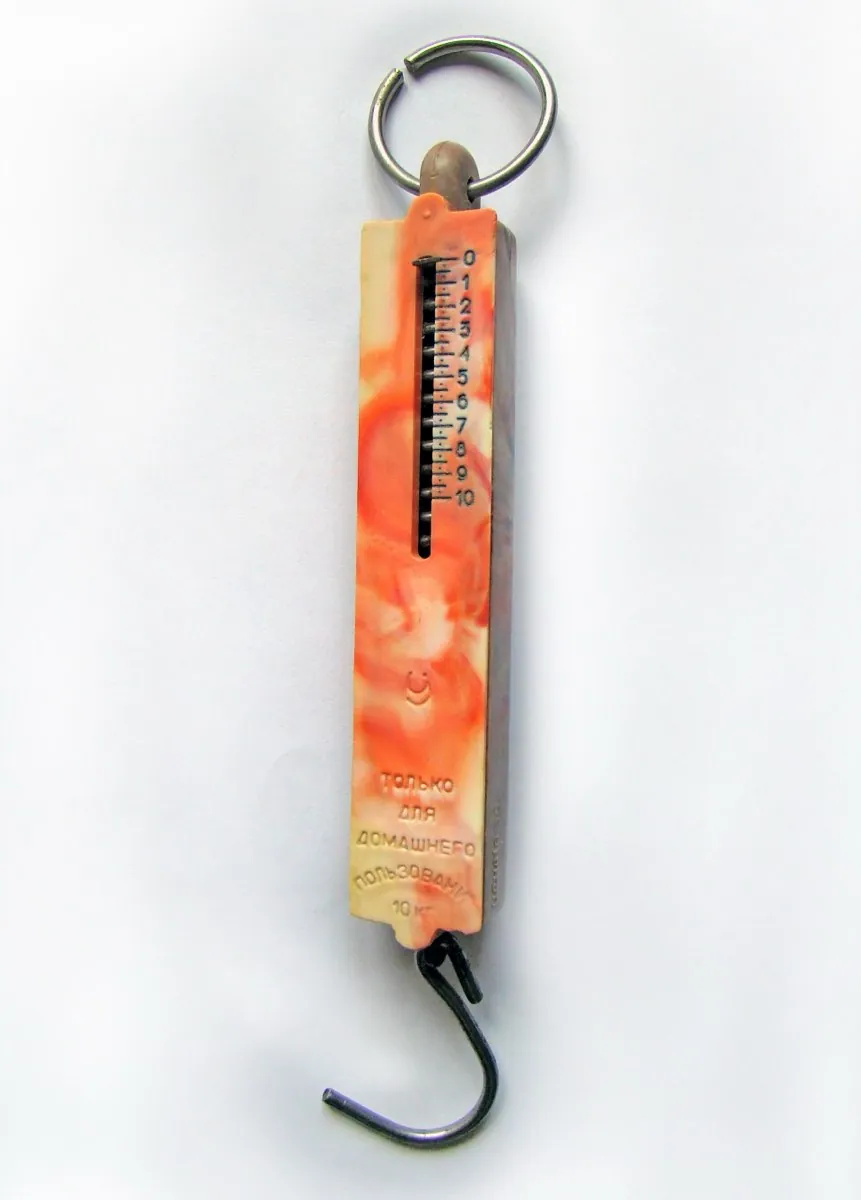 A spring scale hanging from its hook, weighing a load by how far an internal spring stretches.