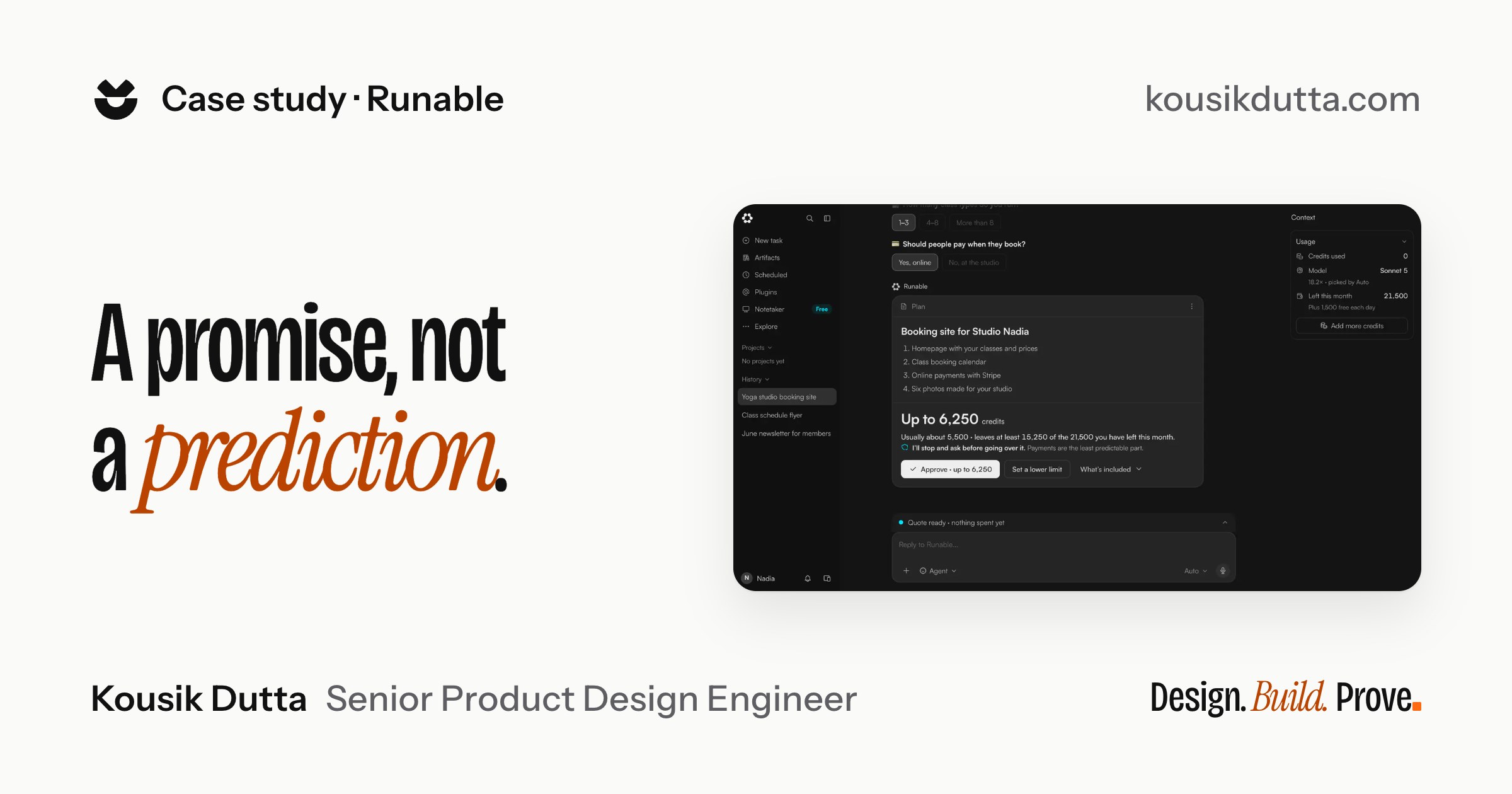 The Runable case study’s social card: its headline, A promise, not a prediction, set in the site’s type beside a screenshot of the product